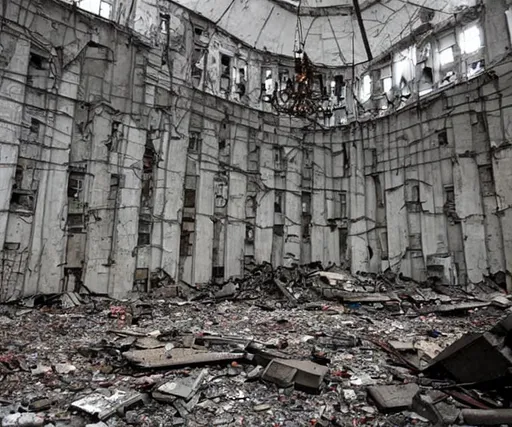 Prompt: destroyed Kremlin after nuclear Apocalypse in Moscow