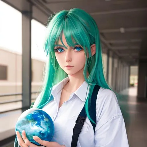Prompt: Blue and green hair, cute woman, baggy white shirt, holding a planet, both hands holding, looking at hands, best quality, high quality, 64k, high res, focus, no backround, half hair green, half hair blue, worried, frown, blue eyes