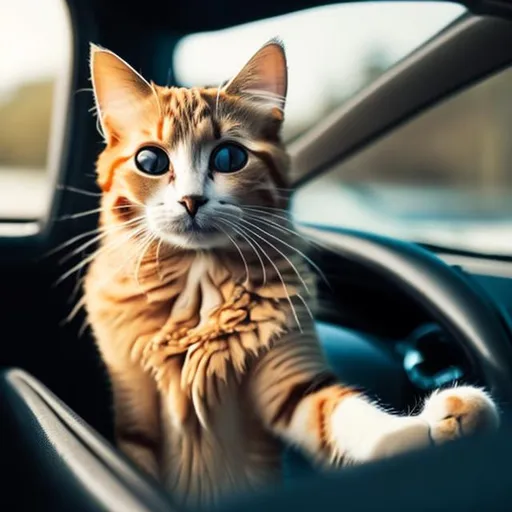 Prompt: Cat in a car with human driving
