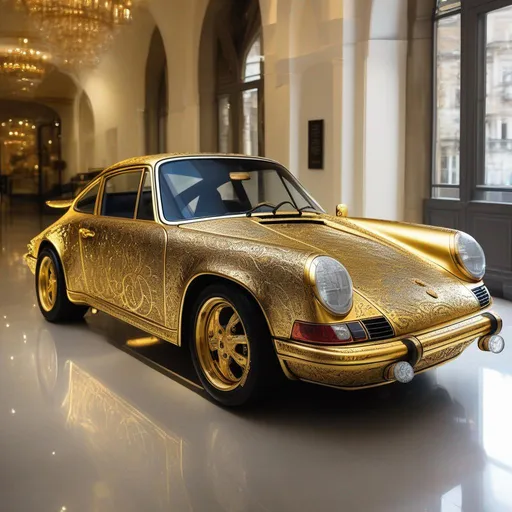 Prompt: A Porsche 911 made out of gold and colored filigree wrought iron work