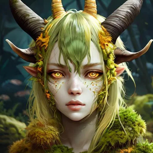 Prompt: mossy skin, goat horns, yellow animalistic eyes, coral reef background, by wlop