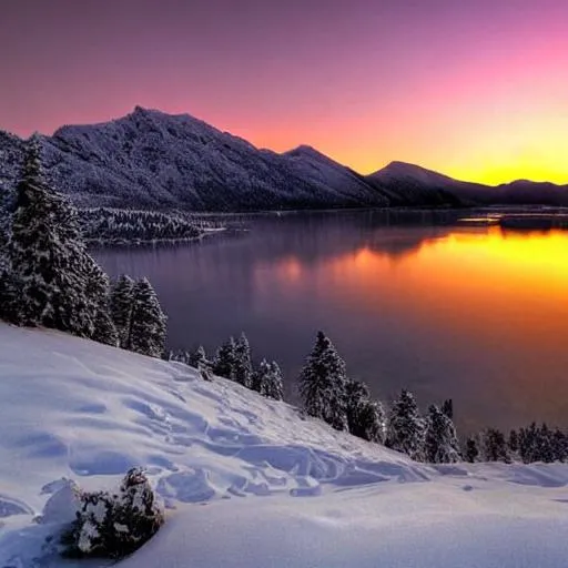 Prompt: A stunning masterpiece photo of snow covered mountains a frozen lake sunset purple pink orange sky high quality clear sharp photo