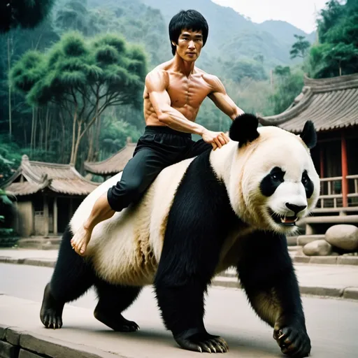 Prompt: Bruce lee riding on a Panda. Back ground asian village bambou forrest