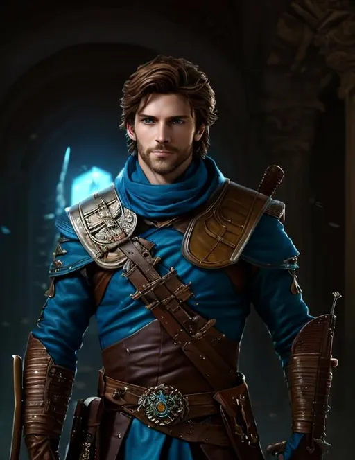 Prompt: hyperrealistic mixed media painting of a handsome grinning male rogue, brown hair, blue eyes, young,  blue leather tunic, brown belt, Scruffy hair, confident relaxed pose, d&d, stunning 3d render + perfect facial symmetry + dim volumetric lighting, 8k octane beautifully detailed render, post-processing, extremely hyperdetailed, intricate, epic composition, grim yet sparkling atmosphere, cinematic lighting + masterpiece, Forest background, very very detailed, masterpiece, stunning