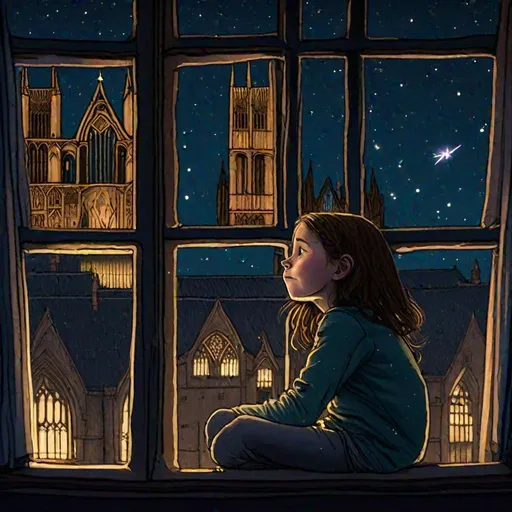 Prompt: Nine year old girl with brown hair sat in window at night looking up at the stars and Lincoln cathedral while other children sleep in bunkbeds