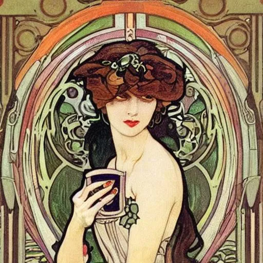 Prompt: Woman with a cup of coffee, Mucha style