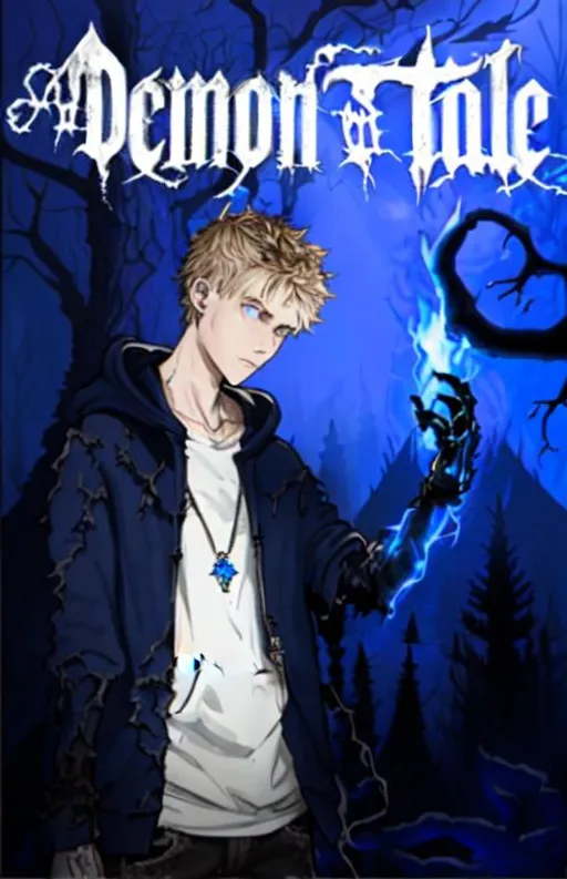 Prompt: Highly detailed Book cover boy with blue sapphire amulet wearing baggy torn hoodie looking into his demon arm (nero dmc4 demon arm) burning blue soulfire standing inside horror nightmare dark world forest (Young beautiful handsome 13 year old lightbrown short hair (short haircut)+ hair covering eye long forelocks hanging over face straight messy hair boy kid Cole Sprouse boyish boy pretty boy hot boy robust eyelashes bluegreen eyes) art, artstation, concept art, character design realistic artstyle, award winning
