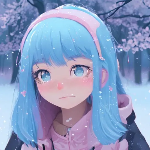 Prompt: is a teenage girl, blue hair, blue bangs, pink jacket, snow falling, sun set, cherry blossom, little blush, trees, no smile, blue eyes,  masterpiece  









