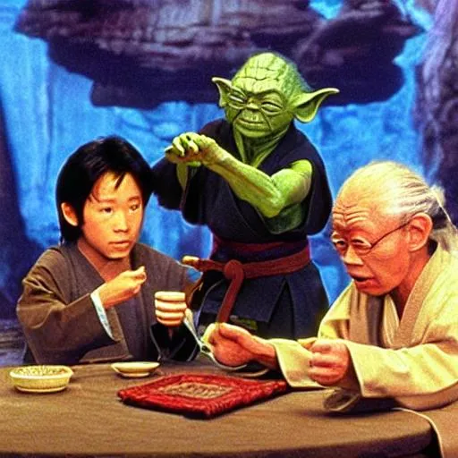 Prompt: Master Miyagi, Master Yoda and Dungeon Master (master of the mages), in the image, all sitting at the table, drinking tea.
Reference image in 4k and movies: Star Wars, Karate Kid and animation Dungeons & Dragons, are from pop culture and geek.