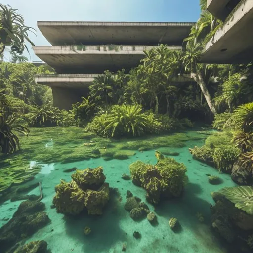 Prompt: wide angle shot of concrete brutalist architecture, flooded with Crystal clear water and overrun by plants 