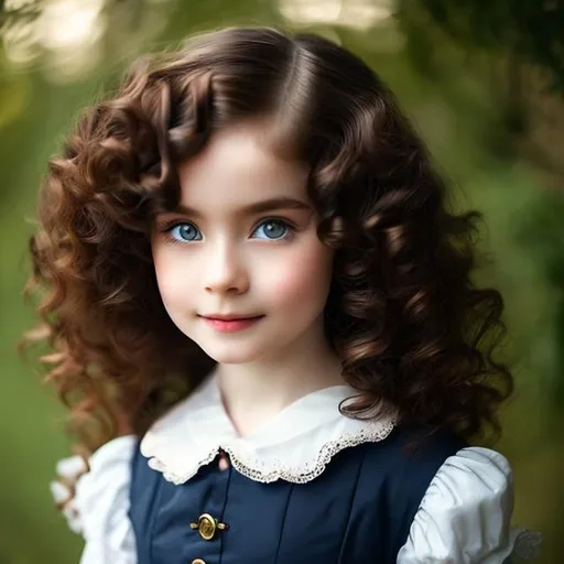 Prompt: Woman Dark brown long hair, with pale skin,blue eyes, with 35 years , small stature, side by side with ,little girl, red curly hair,18th century aesthetic