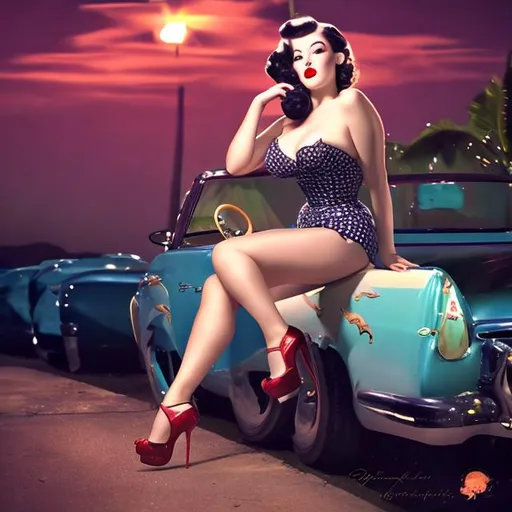 Prompt: Pinup girl photo in elegant environtment, at night, high heels
