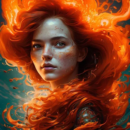 Prompt: Portrait of {a feminen woman} with {fire} hair and with cute face, {firecraker sea background}, perfect composition, hyperrealistic, super detailed, 8k, high quality, trending art, trending on artstation, sharp focus, studio photo, intricate details, highly detailed, by greg rutkowski
