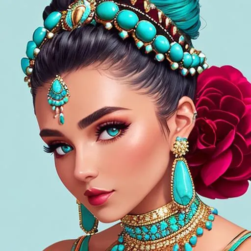 Prompt: An extremely gorgeous woman,  with top knots full of turquoise jewels