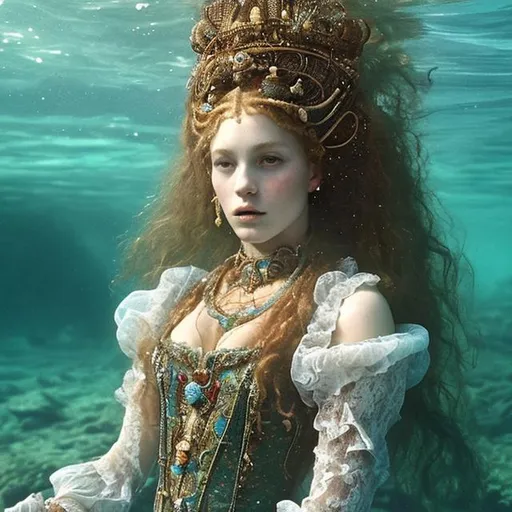 Prompt: woman in 16th century dress underwater lounging.  hair, elaborate hair, fabric, lace, bubbles. French hood, jewels, queen.  deep water.