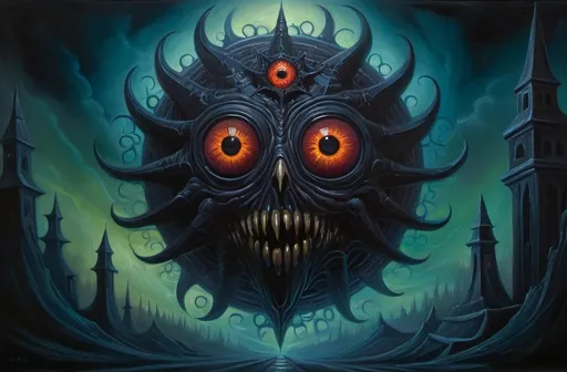 Prompt: Dark fantasy sinister beholder, ominous and haunting, high-res, detailed, oil painting, dark and eerie atmosphere, mystical aura, sinister gaze, vivid colors, surreal, occult, symbolic, haunting shadows, mythical, mysterious lighting, macabre