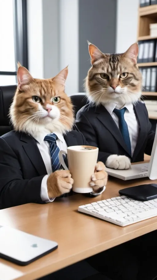 Prompt: Two cats dressed in business casual are in an office holding cups of coffee and looking at a computer