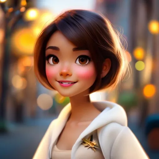 Prompt: Disney, Pixar art style, CGI, Girl with tall thin face, circular eyes, long brown messy hair with red tips light tan skin, dark brown eyes