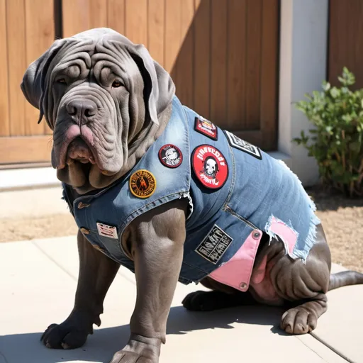 Prompt: Neapolitan Mastiff wearing a heavy metal music denim vest with patches