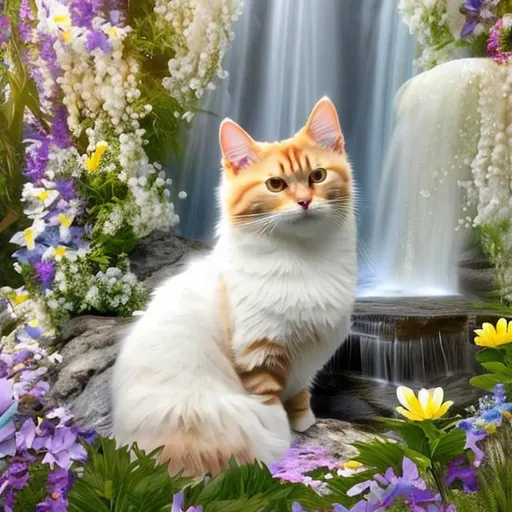 Prompt: Golden tuxedo tabby cat with white dipped paws with large pearl white angel wings sitting in wild flowers next to waterfall 