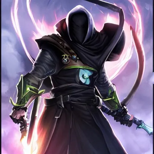 Prompt: Hyper realistic spider assassin ninja with a human face  and a beard and a black cloak and he has his hood on and he has the spider face symbol on his arm and he has a green sword and some spider thing on him and a spider mouth and 8 yellow spider eyes and they have a cool spider mask warhammer style and they have a small plasma gun in his left hand and may have extra arms