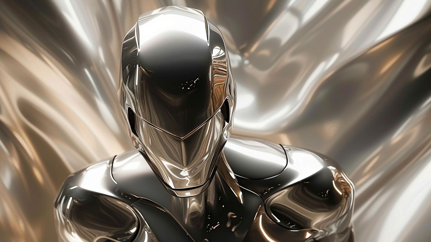 Prompt: This image embodies the concepts of motion, energy, passion, and vibrancy, interpreted in a minimalistic, futuristic style with a metallic aesthetic, resembling a raw photo. The central figure, symbolizing 'unleash the spirit within', is designed with sleek metallic surfaces and sharp, angular lines, giving it a distinctly modern and robotic appearance. This figure is captured in a dynamic pose that suggests movement and power. The background features a gradient of metallic hues, ranging from cool silvers to warm bronzes, creating a sense of depth and dimensionality. Subtle reflections and light glares on the metallic surfaces add to the raw photo effect, enhancing the futuristic and minimalist vibe. The overall composition is wide-screen, emphasizing the sleekness and sharpness of the metallic elements.