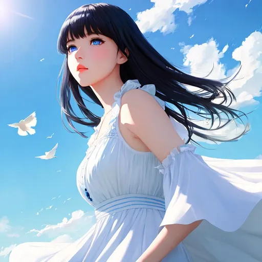 Prompt: beautiful girl on the grass field, gigantic blue bird, white dress, blue eyes, black hair, bangs, cheerful, blue sky, at noon, sunshine, inspire by wlop, looking from below, realistic art, wide camera angle, high quality
