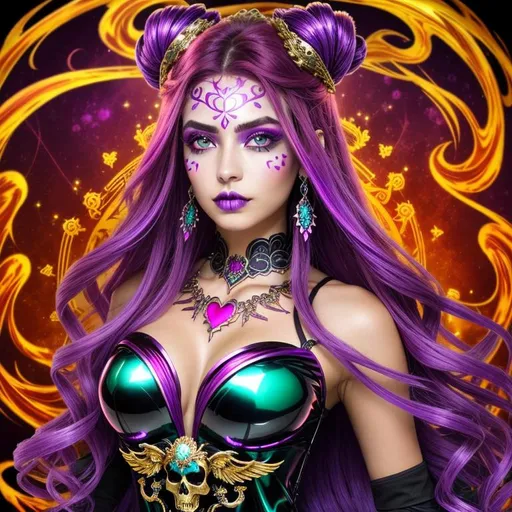 Prompt: Beautiful freeform dark chaos vivid bold, 3D, HD, [{one}({liquid metal {one}{Sugarskull}female, Beautiful big {heart-shaped}reflective eyes, long flowing hair, beautiful hands]::2, (clouds) with {purple gold pink green red silver blood}ink), Glamor, Glimmer, ultra detailed full body artistic photography, detailed rugged Gorgeous detailed face, shadows, oil on canvas, brush strokes, ultra sharp focus, ominous, matte painting movie poster, golden ratio, epic, intricate, cinematic character render, hyper realistic, 64K, Unreal Engine 5 --s98500
