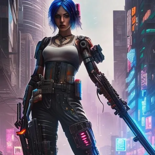 Prompt: Beautiful Cyberpunk female tattoos, strong apocalyptic, swords, guns, axes, anatomical, colorful, gothic, mech, hazardous waste, explosions 4k resolution, bright colour