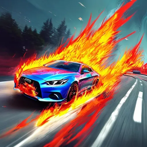 Prompt: Man driving car but car is on fire with vivid colors, brush like paint not too hyper realistic paint like 