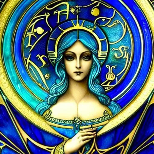 Prompt: Female Gemini zodiac sign, beautiful, full face, symmetry, beautiful eyes, Gothic, drawing, dynamic setting, realistic proportions, gothic, detailed blue, black, gold, copper, jade tinted, grim, Leonardo da Vinci, correct proportions