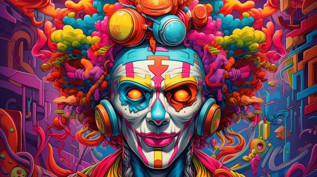 Prompt: a cartoon of a clown in colorful mask, in the style of surreal cyberpunk iconography, chris dyer, cody ellingham, dmitry spiros, neon color palette, layered portraits, monochromatic depth