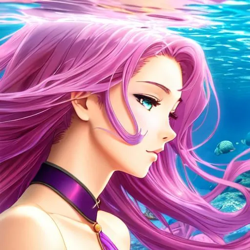 Prompt: a beautiful mermaid with brown skin and purple hair is swimming under the sea, art by masashi kishimoto, anime style, 4k, artstation


