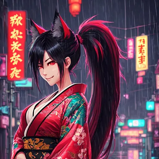 Prompt: Digital art, game art, asian vibes, neon light, night city, rain, full length, anime woman with fluffy wolf ears, black hair with red streaks, ponytail, smug smile, mature, wearing kimono with dragon ornaments, smooth soft skin, detailed face