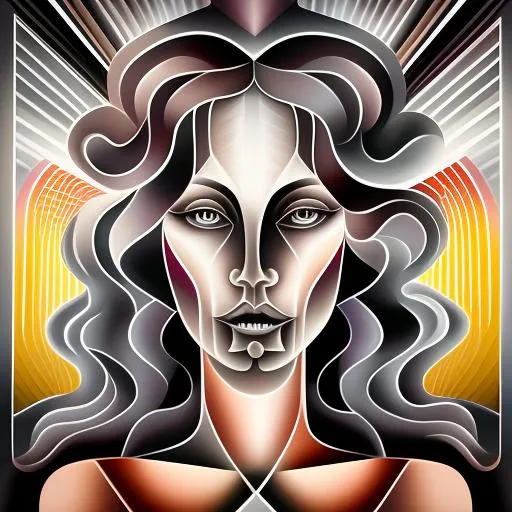 Prompt:  Geometric background backlit in the style of Alex Grey,  In the foreground is a beautiful woman, in the style of Botticelli, Gray hair with blood stains, Gray-colored eyes, haunting look, sharp teeth, art deco style, 