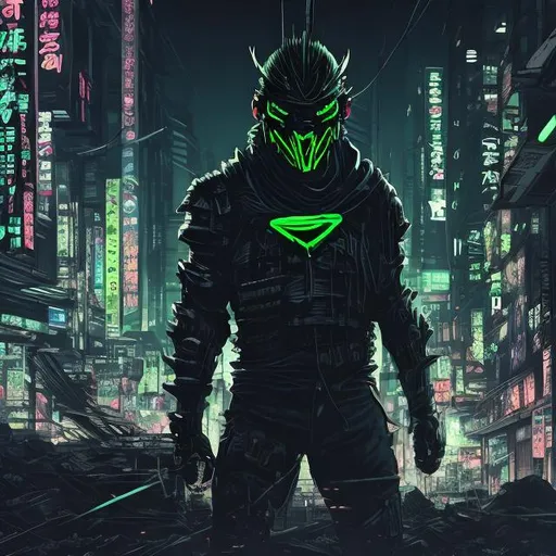 Prompt: Original villain.  Brawn devious. Very Dark image with lots of shadows. Background partially destroyed neo Tokyo. Noir anime. Gritty. Dirty. Black with neon forest green accents. armour. Creepy mask. Bionic enhancements. 