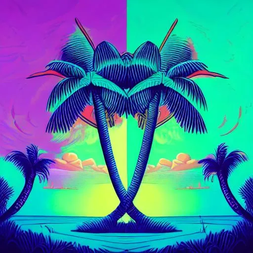 Prompt: 1 coconut tree, divided，Hypnotic illustration of {object}, hypnotic psychedelic art by Dan Mumford, pop surrealism, dark glow neon paint, mystical, Behance