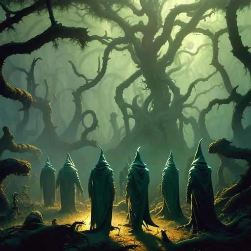 Prompt: nuclear wizards durling in the forest by gerald brom and noah bradley octane render, dynamic lighting