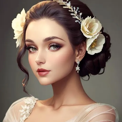 Prompt: Beautiful woman portrait wearing an ecru evening gown, elaborate updo hairstyle adorned with flowers, facial closeup