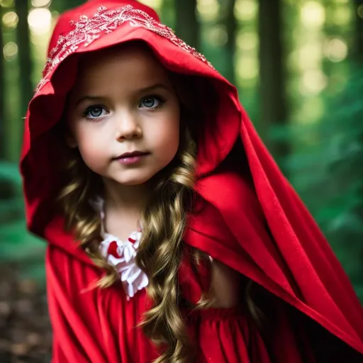 Prompt: Little Red Riding Hood in the forest, looking in to camera, portrait, close up, child body, child face, girl (age 7) looking in to the camera, portrait, close up, Red Riding Hood, in the mysterious forest, Red Riding Hood, child body, child face, girl (age 7), portrait, facing the camera, spooky woodlands, woodlands, forest, Red Riding Hood, The scene is captured with a Sony A7R IV mirrorless camera using a Zeiss Batis 40mm f/2 CF lens. The camera settings are carefully chosen to balance the dark scene with the sharpness and clarity of the image, with an aperture of f/4, ISO 400, and a shutter speed of 1/200 sec. The image is a captivating work of photographic art, skillfully capturing the perfect balance of form and function in a futuristic setting  --ar 3:2 --q 2 --v 5.1