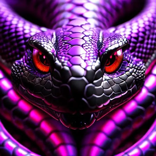 Prompt: a face shot of a twelve-foot snake made of bones red eyes purple aura and a dragon-like face, very glossy and shiny, reflective, perfect composition, hyperrealistic, super detailed, 8k, high quality, trending art, trending on artstation, sharp focus, studio photo, intricate details, highly detailed, Trending on Artstation, Cozy wallpaper, Pastel colors, soft lighting