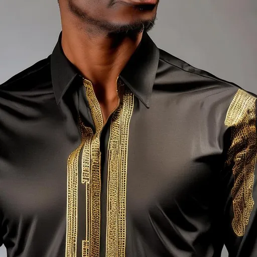 Prompt: A plain black pharaonic men's shirt whose cuffs and collar adorn golden pharaonic inscriptions