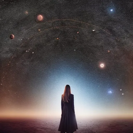 Prompt: a woman stand in the middle of time surrounded by planets and comets with a trail of stars