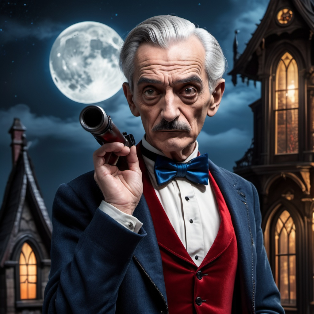 A 57year elegant old man with grey hair combed back a black bowtie a red jacket and blue pants H