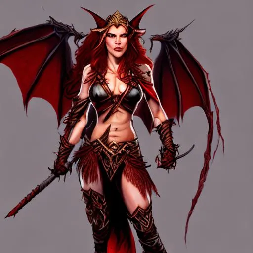 Prompt: A female half-elf, red dragon barbarian with a flame whip