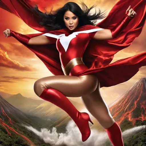 Prompt: RAW photo, curvy young Indonesian woman, 25 year old, (round face, high cheekbones, almond-shaped brown eyes, small delicate nose, long flowing black hair), tight red and white superhero costume, thigh-highs, flying, mid-air, dynamic pose, background exploding volcano, tropical scene, masterpiece, intricate detail, hyper-realistic, photorealism, award–winning photograph, shot on Fujifilm XT3