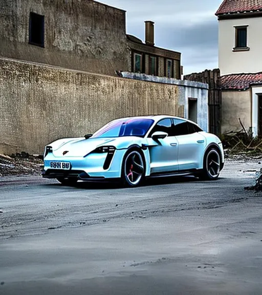 Prompt: a Porsche Taycan vehicle in an abandoned city. Night. Futuristic. Apocalyptical. Detailed. Gritty. Photo. Canon Nikon