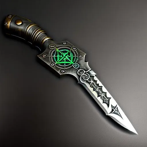 Prompt: HD, Combat knife, steampunk handle, cyber punk blade, fantasy rune stone on it. black background.