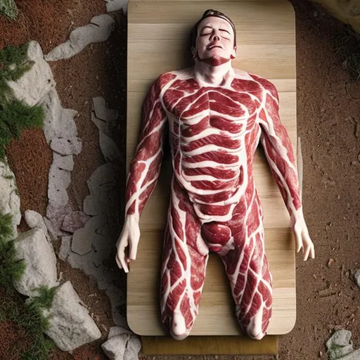 Prompt: man made of meat laying down photo
