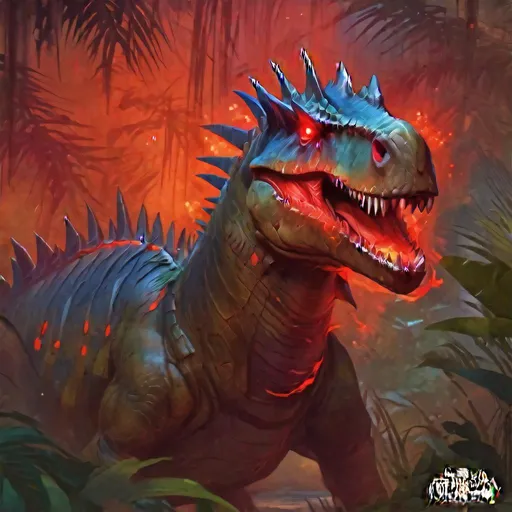 Prompt: world of warcraft style, zombified Spinosaurus with red bioluminescent eyes, rust colors, jungle background, radiant, art by greg rutkowski and artgerm